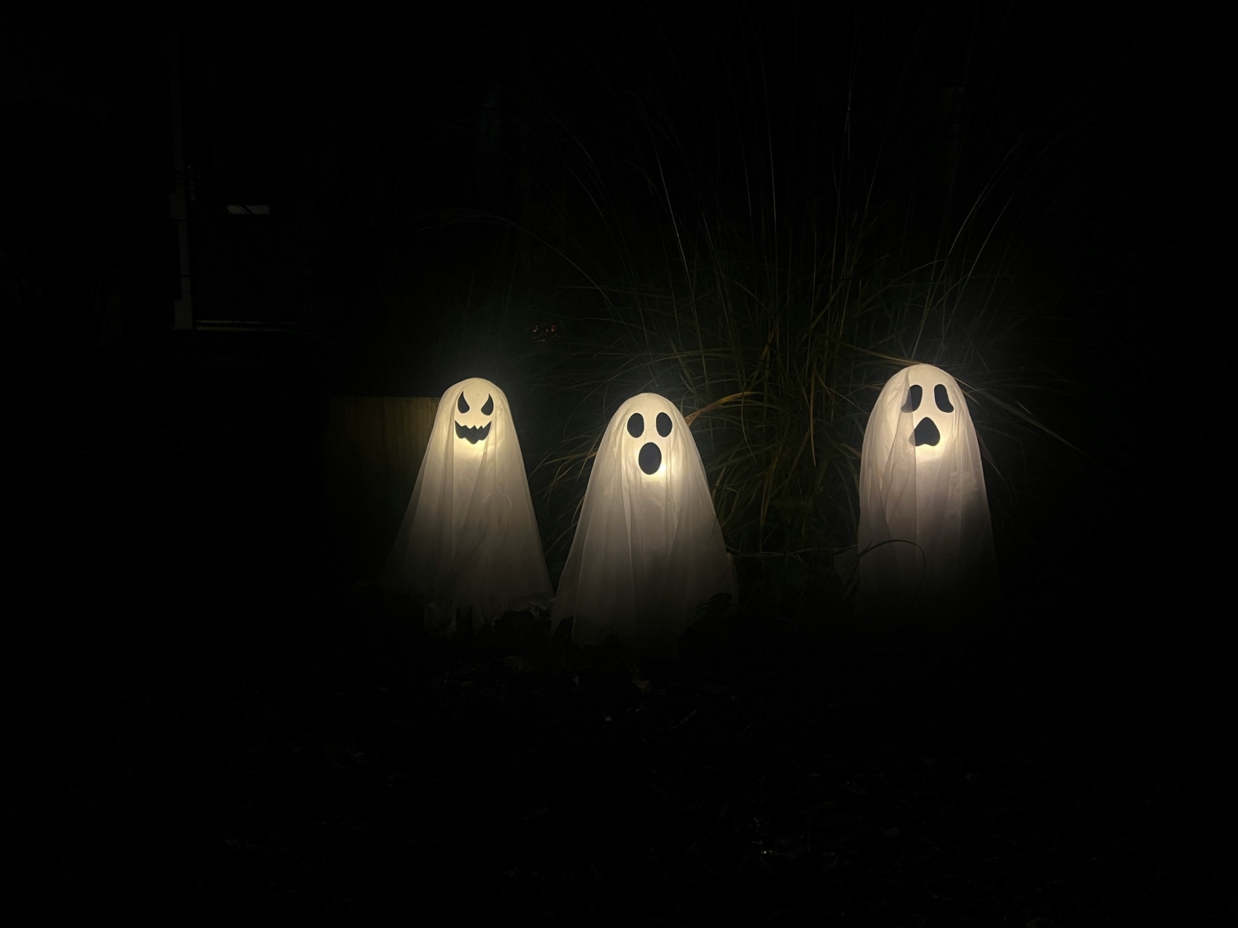 Three glowing ghost decorations in a dark garden at night