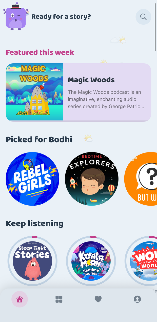 The app's home screen, showing a featured show, picks chosen for the child, and shows they're part-way through