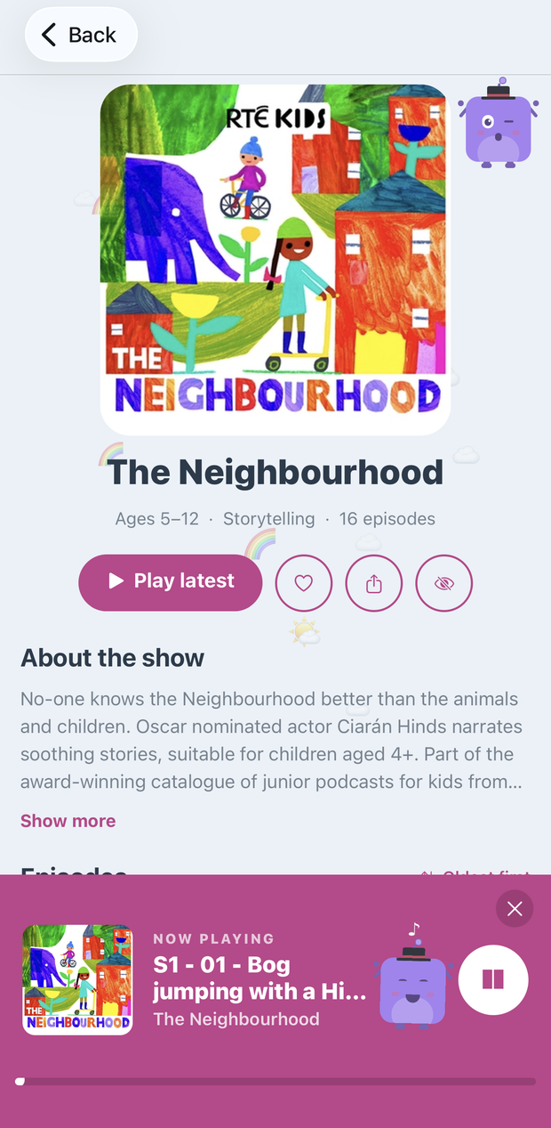 A show page in the app with big round buttons and the player open at the bottom